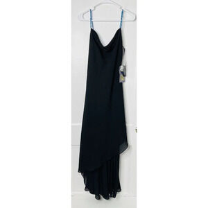 Niki Livas Evening Dress 10 Beaded Black 90s Style Handkerchief Hem Draped Neck